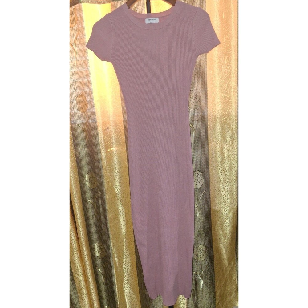 The Workshop Ribbed Midi Dress Large L Mauve Pink Short Sleeve Viscose Bodycon